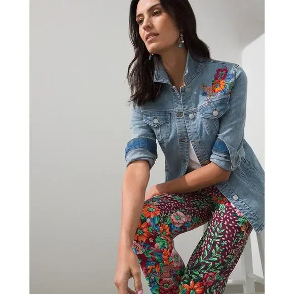Chico's Womens Embroidered Floral Jean Jacket Shacket Stretch Welt/Chest Pockets